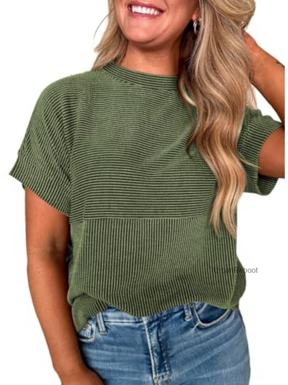 Womens Ribbed Knit Striped T-Shirt Short Sleeve Crewneck Loose Fit Casual Top